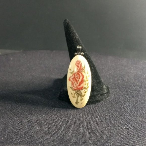 Vintage Jewelry - Vintage Hand Painted Miniature Pink Rose on Wooden Oval Pendant